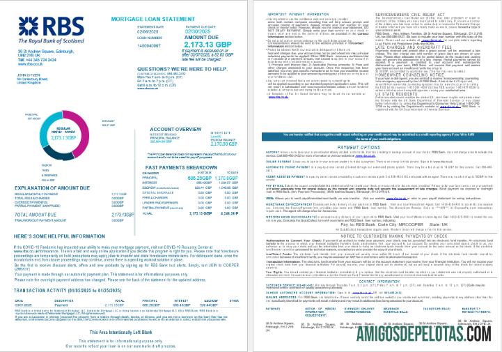 Declaração de empréstimo hipotecário do Royal Bank Of Scottish (RBS) do Reino Unido em formatos Word e PDF, 4 páginas 1 2 exemplo real